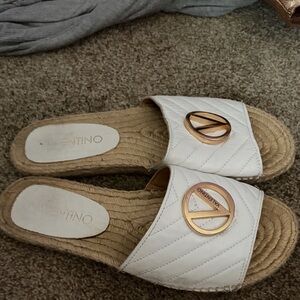 Valentino White Quilted Espadrille Slide Sandals with Gold Emblem